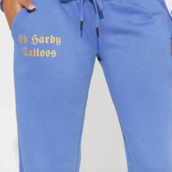 NWT Ed Hardy Old School 90s Blue Bootcut Sweatpants with Tattoo Dragon Design L - Picture 3 of 9